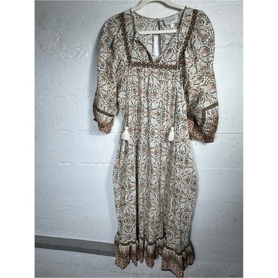 Cleobella Magdalena Midi Dress M $248 Block Print  Floral Made in India