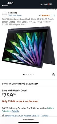 Samsung Galaxy Book Flex2 Alpha 13.3 QLED Touch Screen Laptop Intel Core I7 16GB