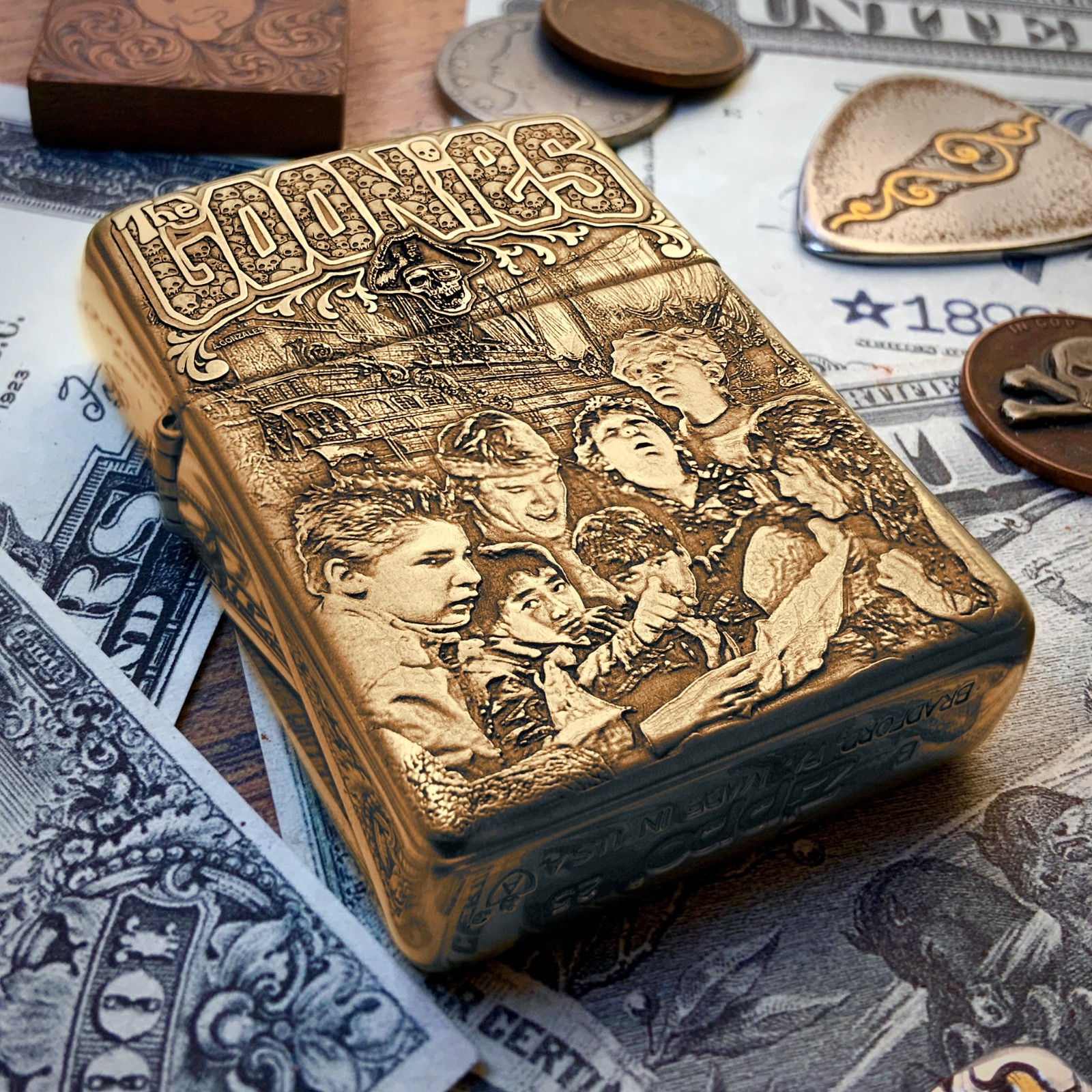 Zippo &ldquo;Goonies&rdquo; Movie (1985) Themed Engraved Armor Brass Cigar Cigarette Lighter