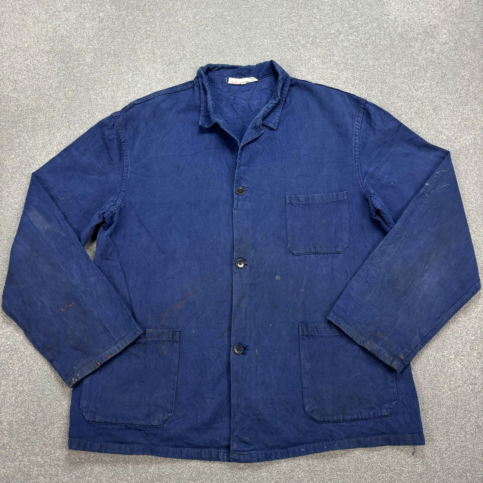 Vintage French Military Work Jacket - Distressed Blue Canvas Coat for Men - Adult Size Large