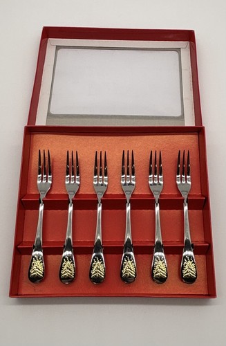 6 Forchette da Cocktail Dansk Silhouette Oro Pino Acciaio Inox Alberi di Natale - Foto 3 di 12