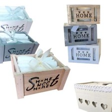 Set 4 lavette 100% cotone cestino porta asciugamani legno shabby cuori ospiti