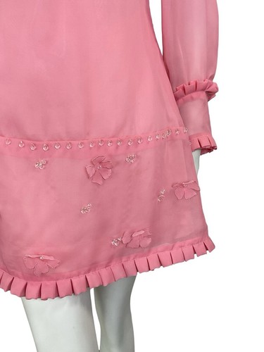 VTG 60S MOD PINK MESH RUFFLE CLEAR BEADED FLOWER BISHOP SLEEVE SHIFT DRESS 8 - Picture 12 of 13