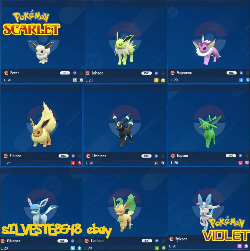 EEVEE Evolution Shiny 6IV / Eevee Flareon Jolteon Vaporeon Leafeon Glaceon  Umbreon Espeon Sylveon / Pokemon Scarlet & Violet