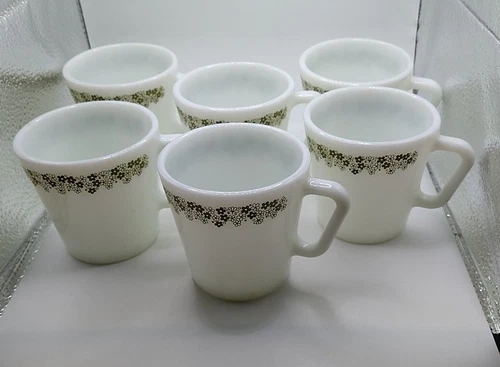 Vintage PYREX 1410 Spring Blossom Crazy Daisy Set/6 Coffee Mugs Cups D Handle 