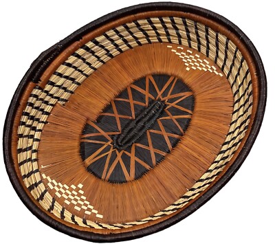 Oval Hand Woven Basket Tribal Design Brown Cream & Black Straw 10.5  X 8.5 