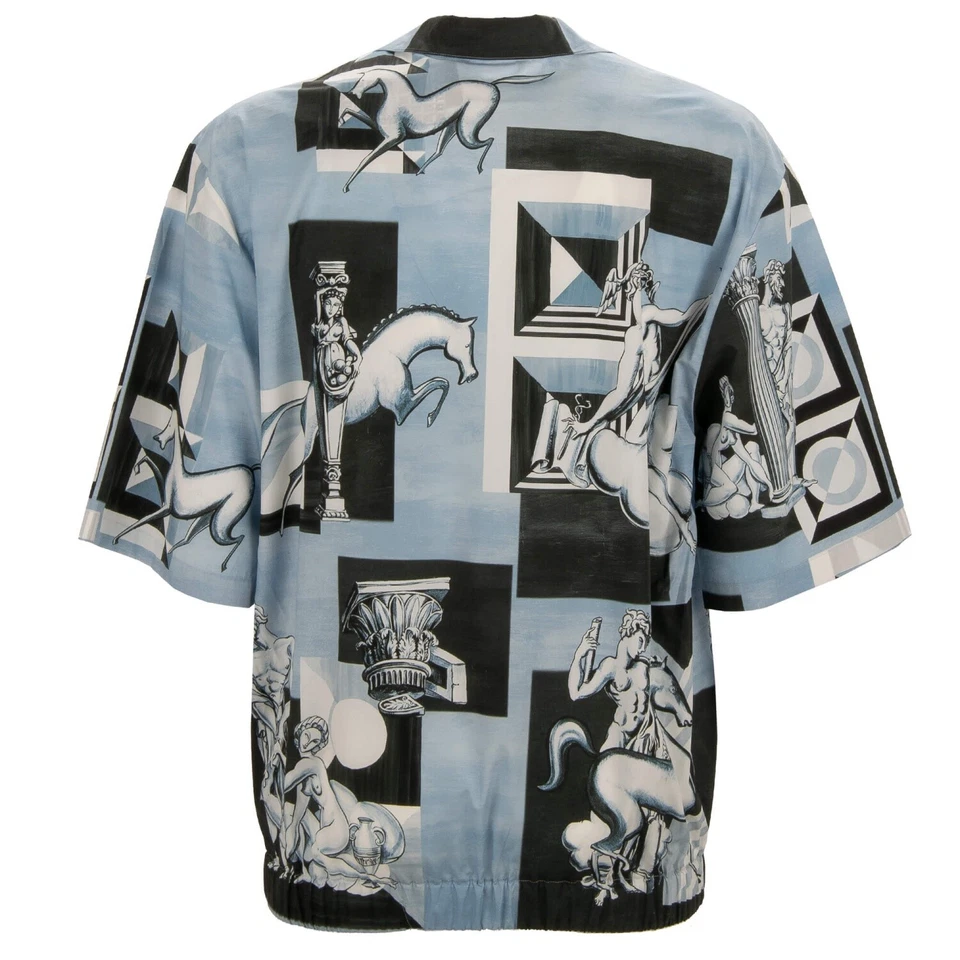 Camisa de algodão DOLCE & GABBANA Gio Ponti Design tamanho grande manga curta azul branca - Imagem 3 de 4