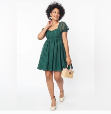 Unique Vintage NWT Emerald Plaid Chiffon Belle Babydoll Party Holiday Dress. L