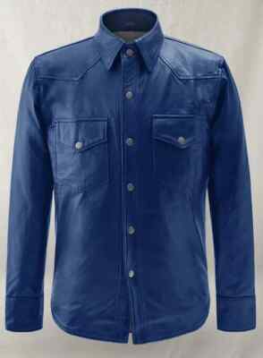Men's Blue Leather Shirt Pure Lambskin Slim Fit Causal Stylish Leather Shirt