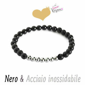 Bracciale Perle Nero Argento Sfere Acciaio Pietre Dure Nere Elastico Uomo Donna Ebay