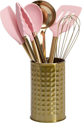 7Piece Kitchen Set with Silicone Utensils Stainless Steel Whisk Ladle Pink Gold