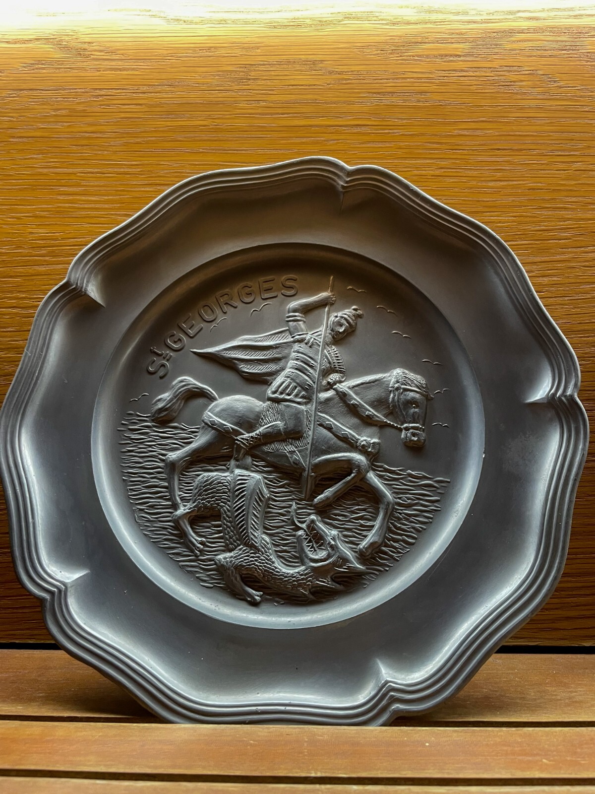 Zinn Teller - Heiliger Sankt Georg - Schutzpatron Ritter - Religiöse Kunst