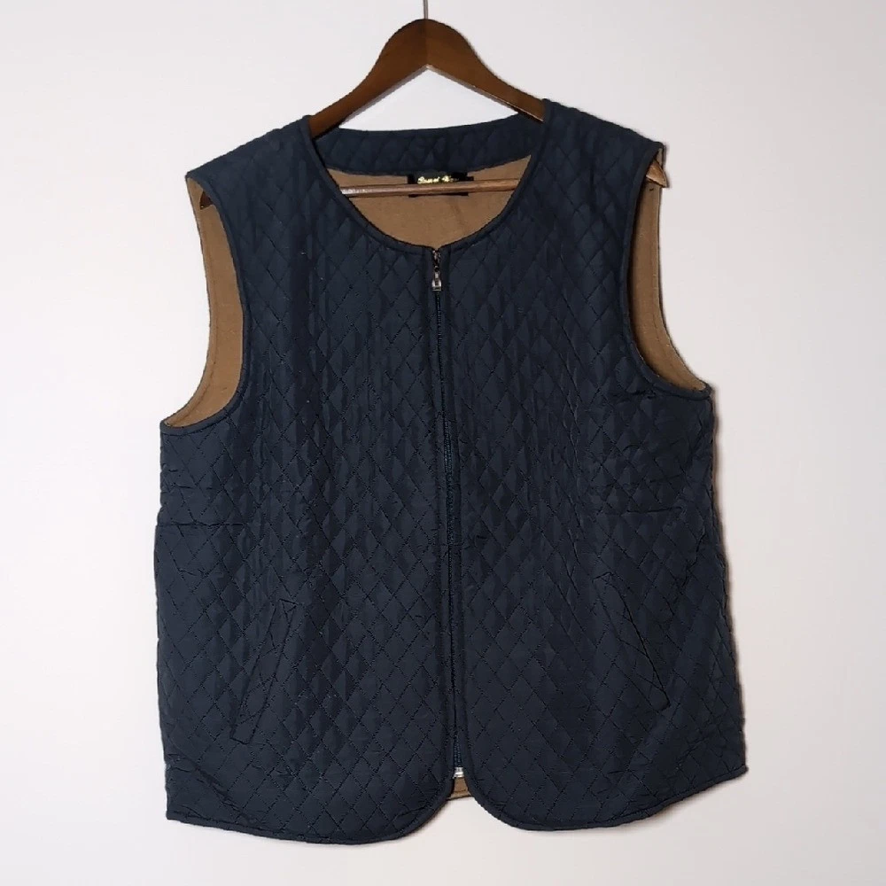 Men's Quilted Vest 100% Camel Wool Zipper Navy XL Mongolian