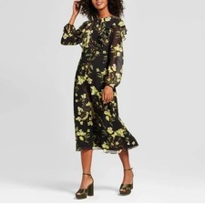 Who What Wear Midi Chiffon Dress M Floral Black Green Boho Ruffle Long Sleeve