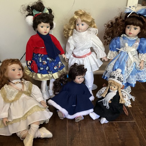 Lot of 6 Vintage Porcelain Dolls Collectible Girl Dolls Mixed Sizes & Styles