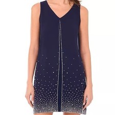 NWT MSK Navy Sleeveless Rhinestone Pearl Embellished Shift Dress Womens Sz Large