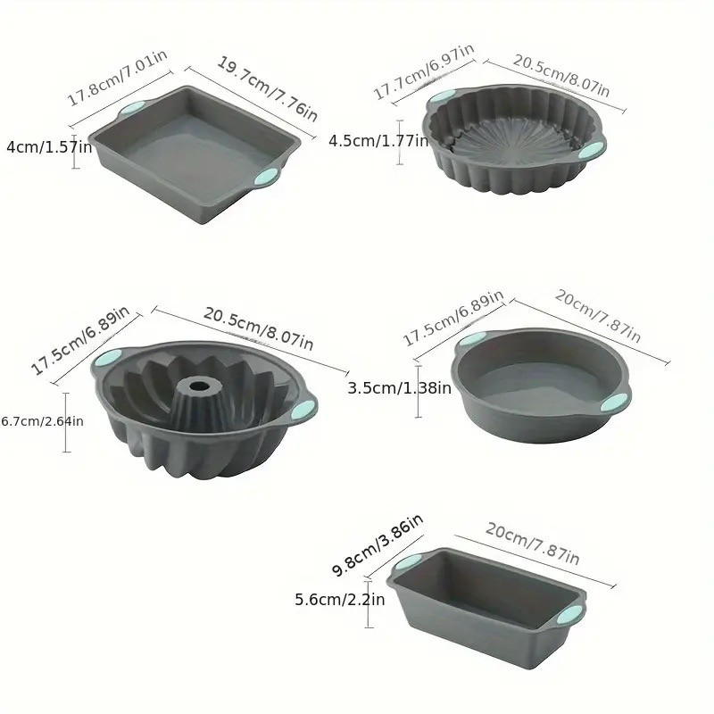 5er-Set Silikon-Backformen – Antihaft, rund & eckig, Brotformen, Kuchenformen
