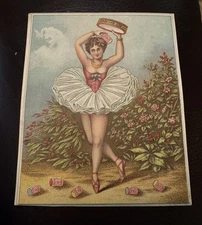 Antique Chromolithograph Ballet Dancer Tambourine Trade Card Red Cross Can Tutu