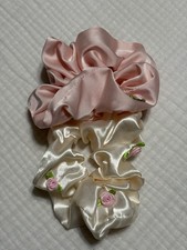 Satin/ Silk Pink And White Scrunchie With Flowers