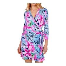 Lilly Pulitzer Wrap Skort Dress Womens XS Pink Blue Tropical Floral 3/4 Sleeve