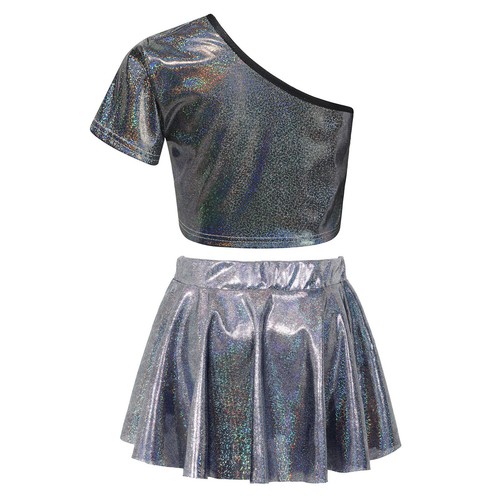 Kids Girls Dancewear Sequins Dance Outfit School Show Crop Top With Skirt Jazz - Picture 11 of 84