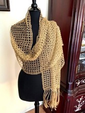 One of a Kind Women Hand Made Crochet Lace Antique Gold Evening Scarf Wrap
