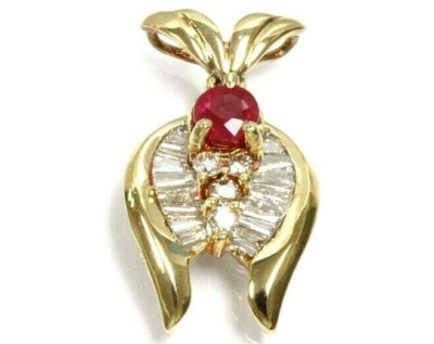 1 ctw Natural Red Ruby & Diamond Solid 14k Yellow Gold Women Pendant 0.9'' In