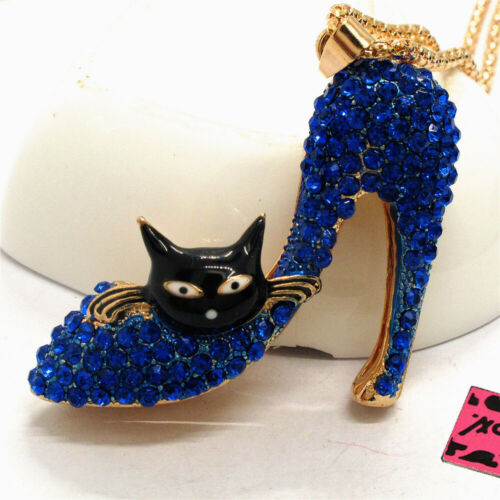 Nouveau collier chaîne pendentif chaîne mode femme cristal mignon chat sexy bleu talons hauts - Photo 1 sur 2