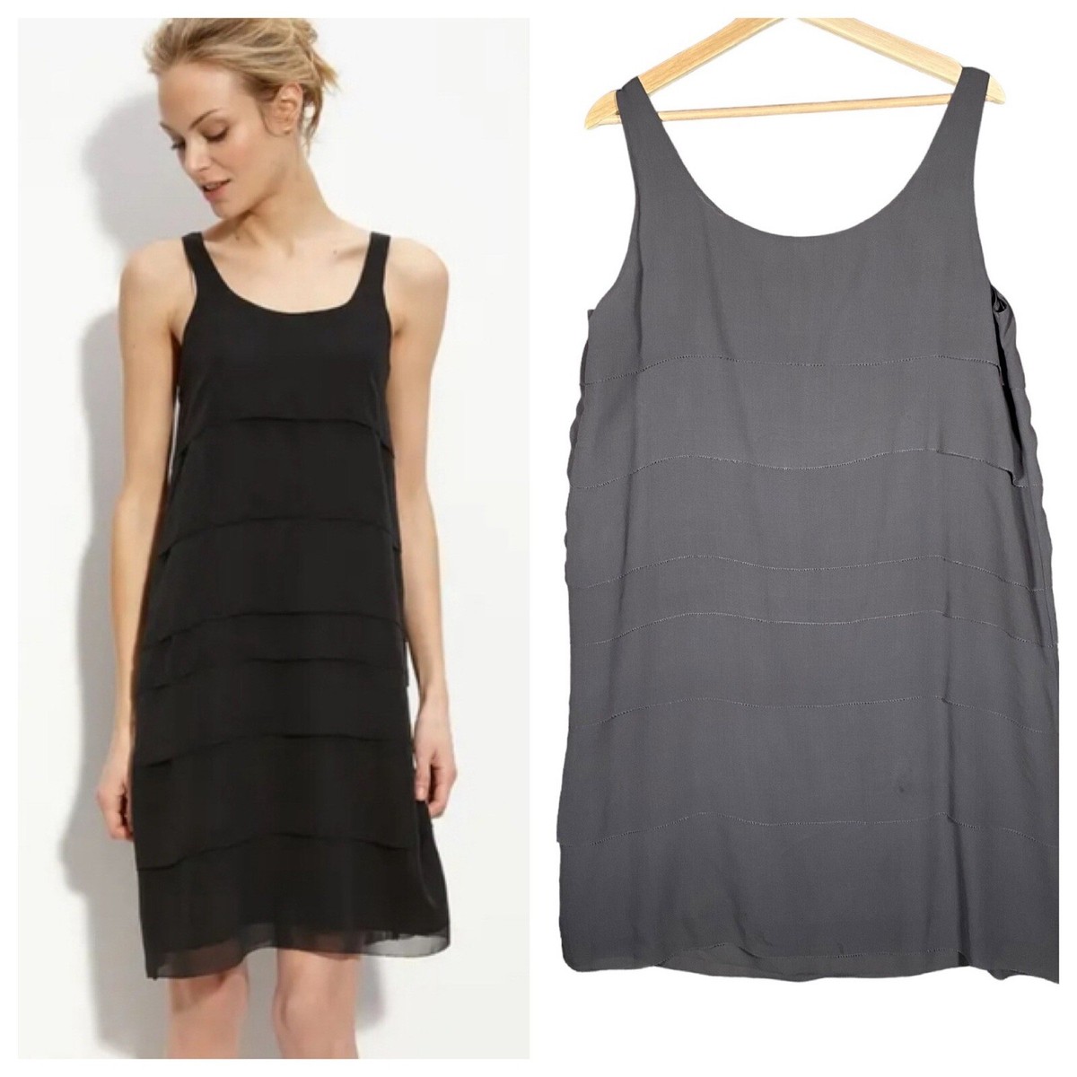 Eileen Fisher 100% Silk Dress Womens M Sheer Georgette Tiered Layered Shift  Grey
