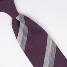 John G Hardy Mens Wool Silk Necktie Purple Lt Gray Stripe Weave Lightweight Tie