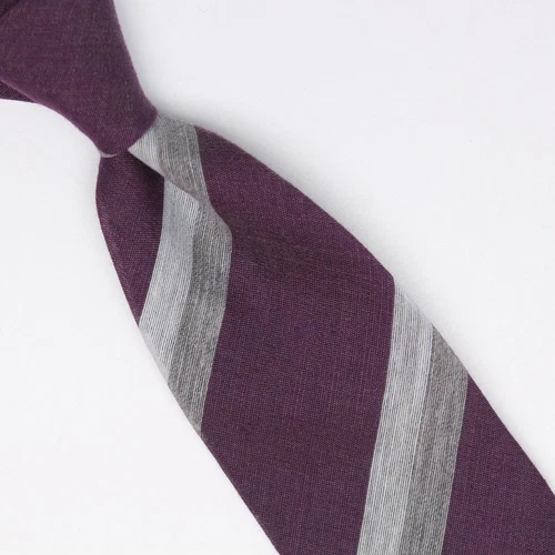 John G Hardy Mens Wool Silk Necktie Purple Lt Gray Stripe Weave Lightweight Tie