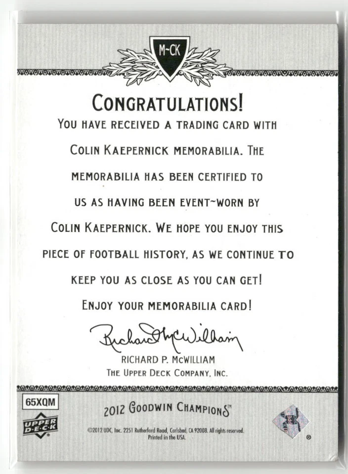 2012 Upper Deck Goodwin Champions #M-CK Colin Kaepernick Memorabilia ☘️F5 - Image 2 of 2