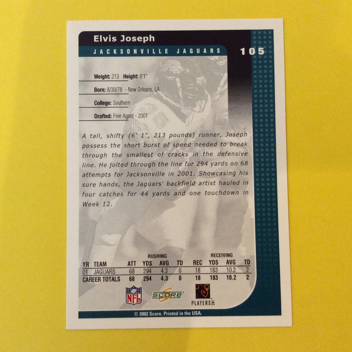 2002 Score #105 Elvis Joseph Jacksonville Jaguars | eBay