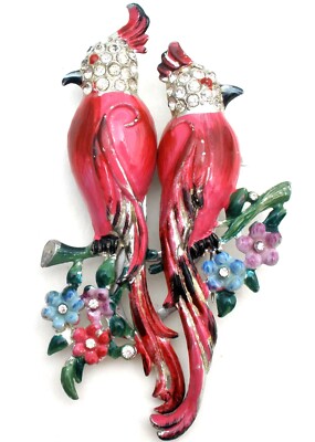 Coro Duette Pink Bird Enamel Rhinestones Pair Fur Clips Brooch Pin Set Vintage