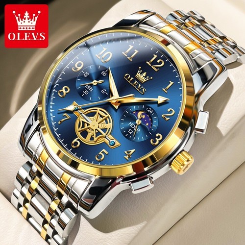 Orologio da Polso OLEVS Uomo Lusso Acciaio Inox Impermeabile Fasi Lunari Timer Quarzo - Foto 8 di 12