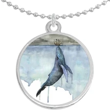Watercolor Whale and Ship Round Pendant Necklace Beautiful Fashion Jewelry