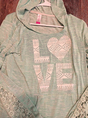 No Boundaries Love Top Blouse Shirt Womens Large Green Solid Hooded Long Sleeve+