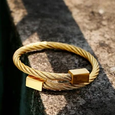 Hot Gold Plated Stainless Steel Cable Wire Twisted Cuff Bangle Bracelet For Men