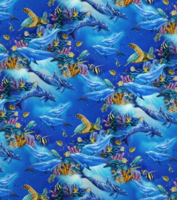 BTY David Tex AQUATIC REALM Turtles Dolphins Print 100% Cotton Quilt Fabric Yard