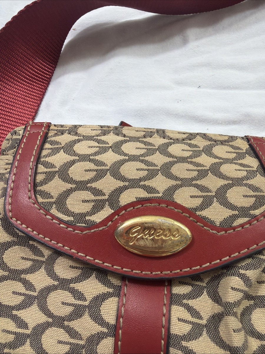 Vintage Guess Waist Bag Purse Beige Red 12x6.5 Metal Clasp Zipper