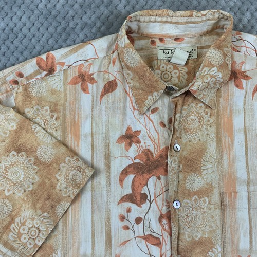 Tori Richard Men L Cotton Lawn Floral Mandala Aloha Shirt Tan Orange Made in USA
