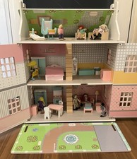 Little Town Wooden Doll House with Dolls & Furniture Bundle