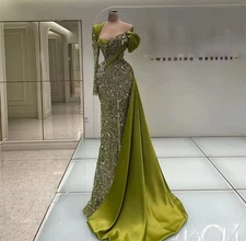 Green Sequin Saudi Evening Dresses Luxury One Shoulder Long Sleeve Formal Gowns