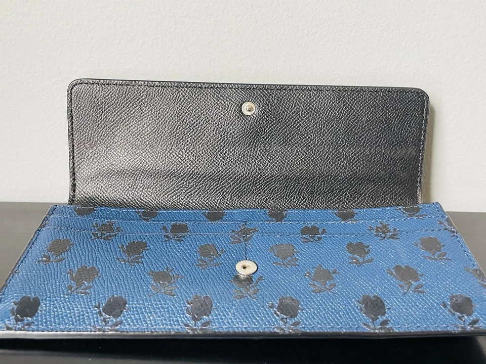 RARE COACH Badlands Floral Slim Envelope Wallet Dark Blue Leather Black Flowers - Image 4 of 4