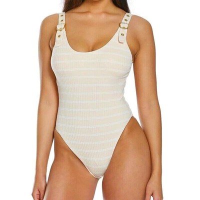 BCBGeneration One Of The Boys One-Piece Swimsuit L *Papaya Peach Stripe* NEW!