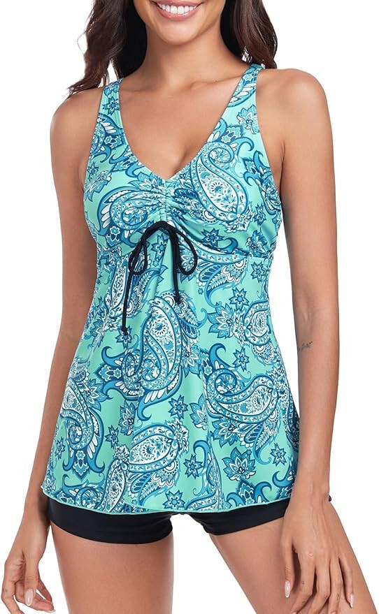 Flyily Women's Two Piece Swimsuit Swim Set Tankini & Shorts Green Paisley