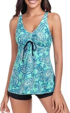 Flyily Women's Two Piece Swimsuit Swim Set Tankini & Shorts Green Paisley