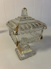 Vintage Jeanette Glass Covered Pedestal Wedding Box/Candy Dish/Compote Gold Trim