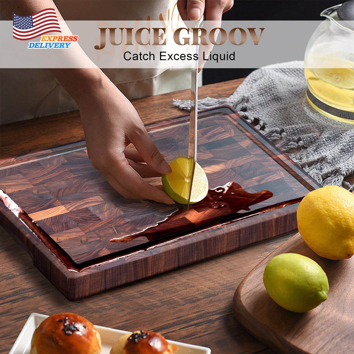 Large Cutting Board Premium Walnut Chopping Board for Kitchen with Juice Slot