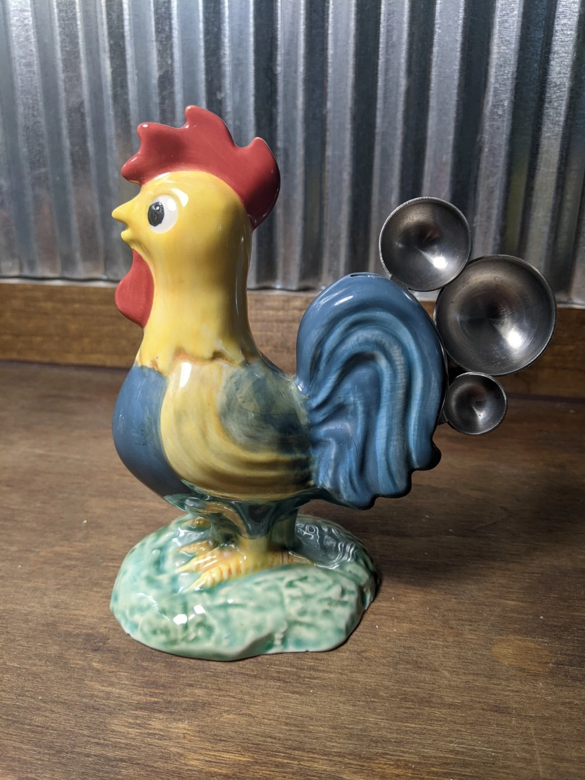 Rooster Chicken Measuring Spoon Holder with 4 Metal Spoons Ceramic Vintage